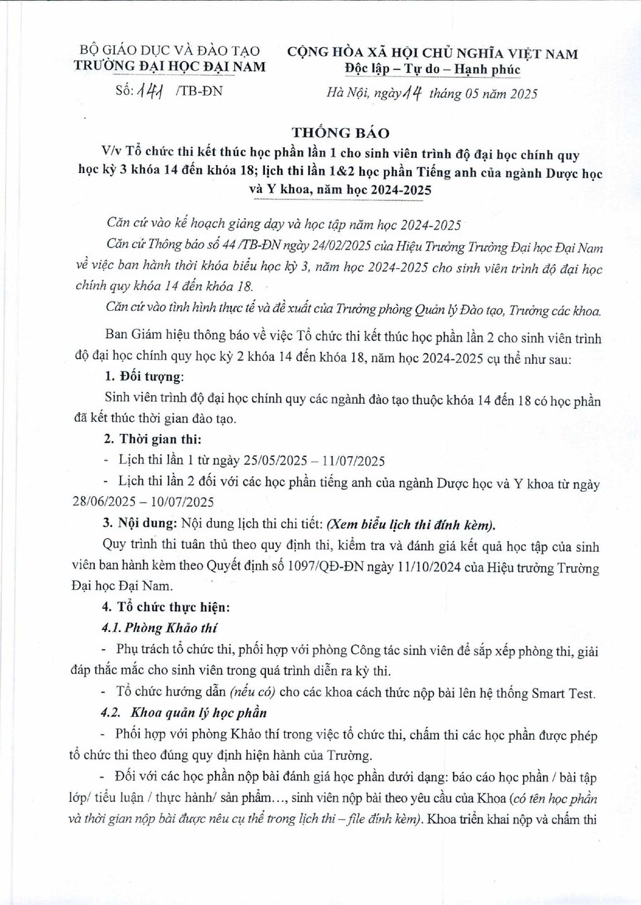 TB 141 Tổ chức thi kết thúc học phần lần 1 cho sinh viên trình độ ĐH chính quy học kỳ III khóa 14 đến khóa 18, lịch thi lần 1,2 cho học phần Tiếng Anh của ngành Dược học và Y khoa năm học 2_page-0001.jpg