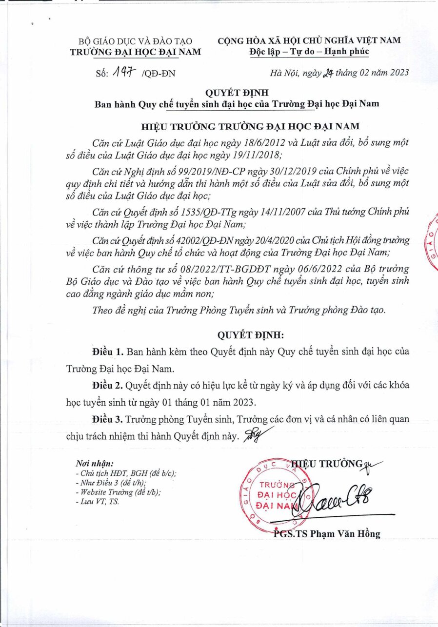QĐ số 147 Ban hành quy chế tuyển sinh đại học của trường Đại học Đại Nam-01.png
