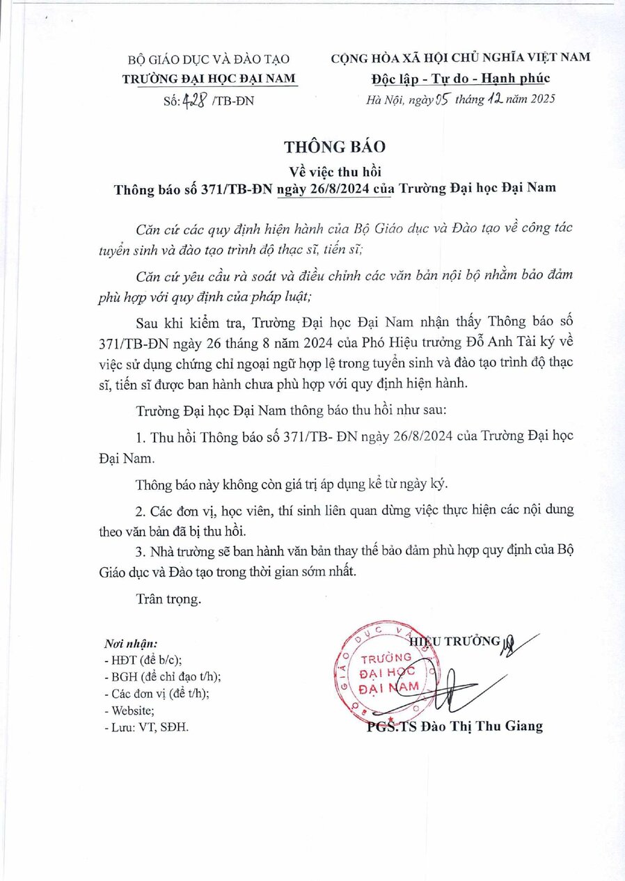 TB 428 Thu hồi thông báo số 371-TB-ĐN ngày 26.8.2024 của Trường Đại học Đại Nam_page-0001.jpg