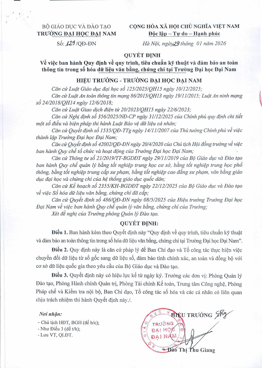 Decision No. 129 promulgating regulations on procedures, technical standards and information security assurance in the digitization of diploma and certificate data at Dai Nam University - 1.jpg