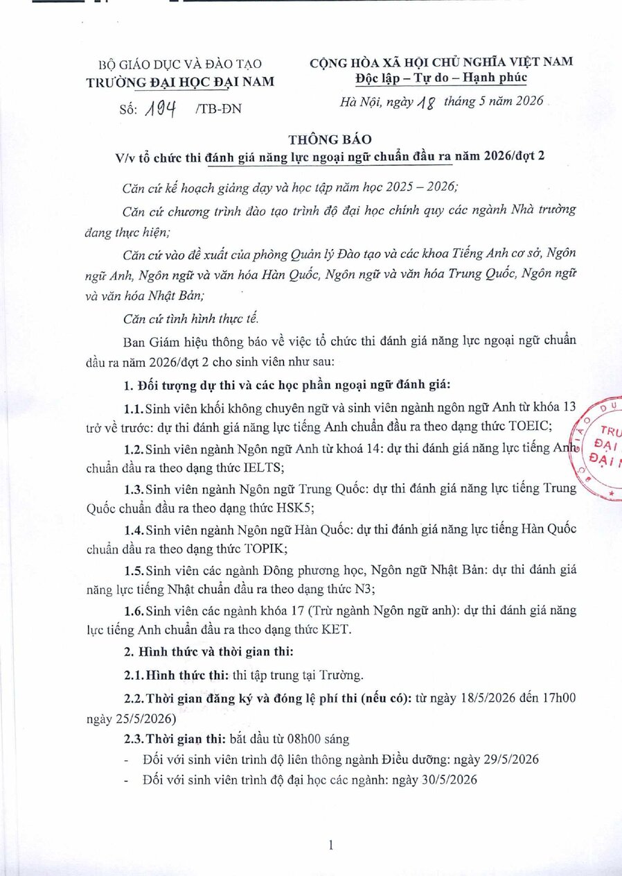 TB 194 Tổ chức thi đánh giá năng lực ngoại ngữ chuẩn đầu ra năm 2026 đợt 2_1_page-0001.jpg